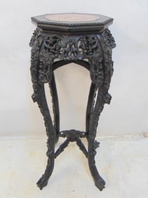Chinese carved marble top plant stand with floral carvings, octagonal top, stand is 35.5" tall, 17"