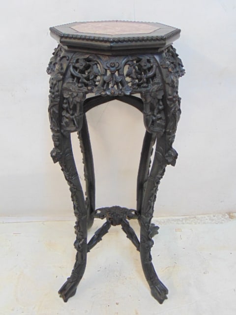 Chinese carved marble top plant stand with floral carvings, octagonal top, stand is 35.5" tall, 17" (1 of 5)
