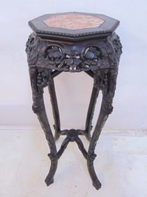 Chinese carved marble top plant stand with floral carvings, octagonal top, stand is 35.5" tall, 17"