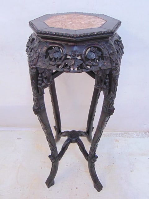 Chinese carved marble top plant stand with floral carvings, octagonal top, stand is 35.5" tall, 17" (1 of 5)