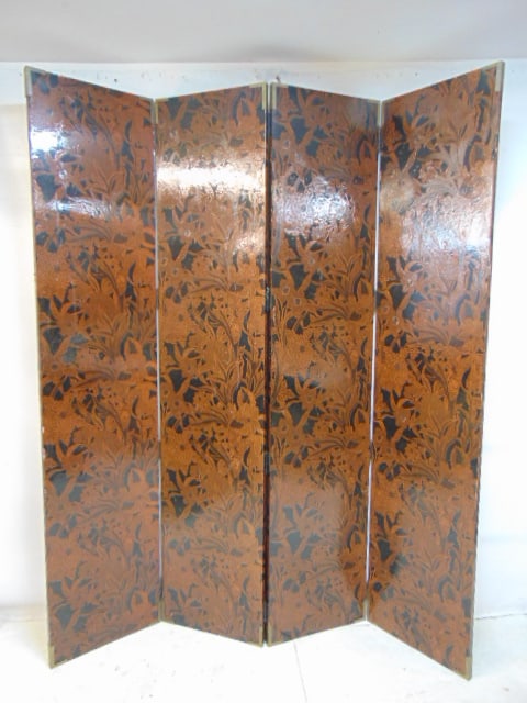 Double sided room screen with gold toned floral decorations, screen is 7 feet tall (84"), each panel (1 of 5)