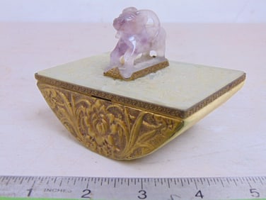 Chinese blotter with decorative brass sides, Jade top & amethyst handle shaped like ram, 4.25" by