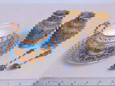 Russian lot, cup & saucer, pair fancy cloisonne vases & 2 plique a jour tea spoons, one signed S.