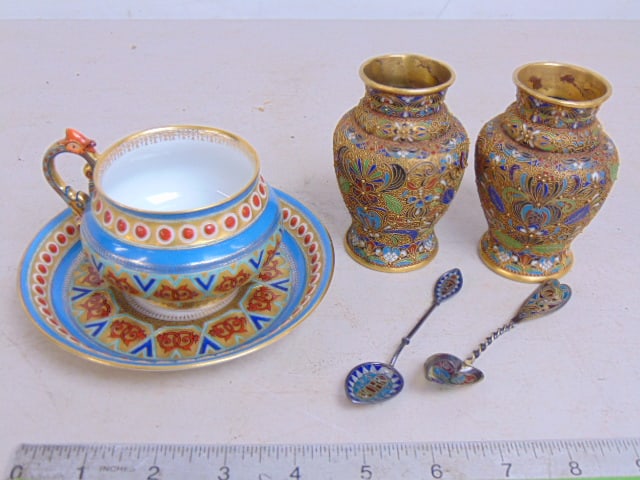 Russian lot, cup & saucer, pair fancy cloisonne vases & 2 plique a jour tea spoons, one signed S. (1 of 11)