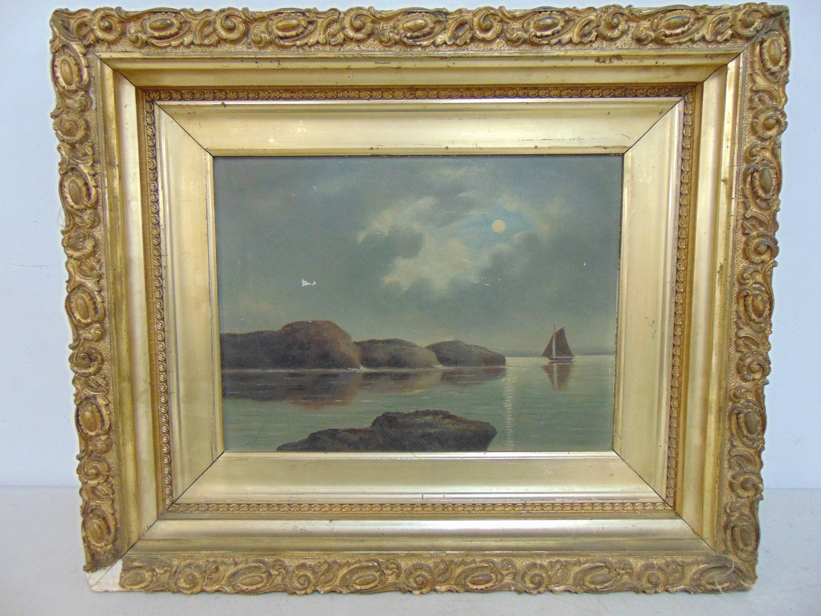 Painting, Nocturnal river scene with sailboat, gilt framed, oil on panel, unsigned, 15 3/8" by 18: Painting, Nocturnal river scene with sailboat, gilt framed, oil on panel, unsigned, 15 3/8" by 18 3/8"