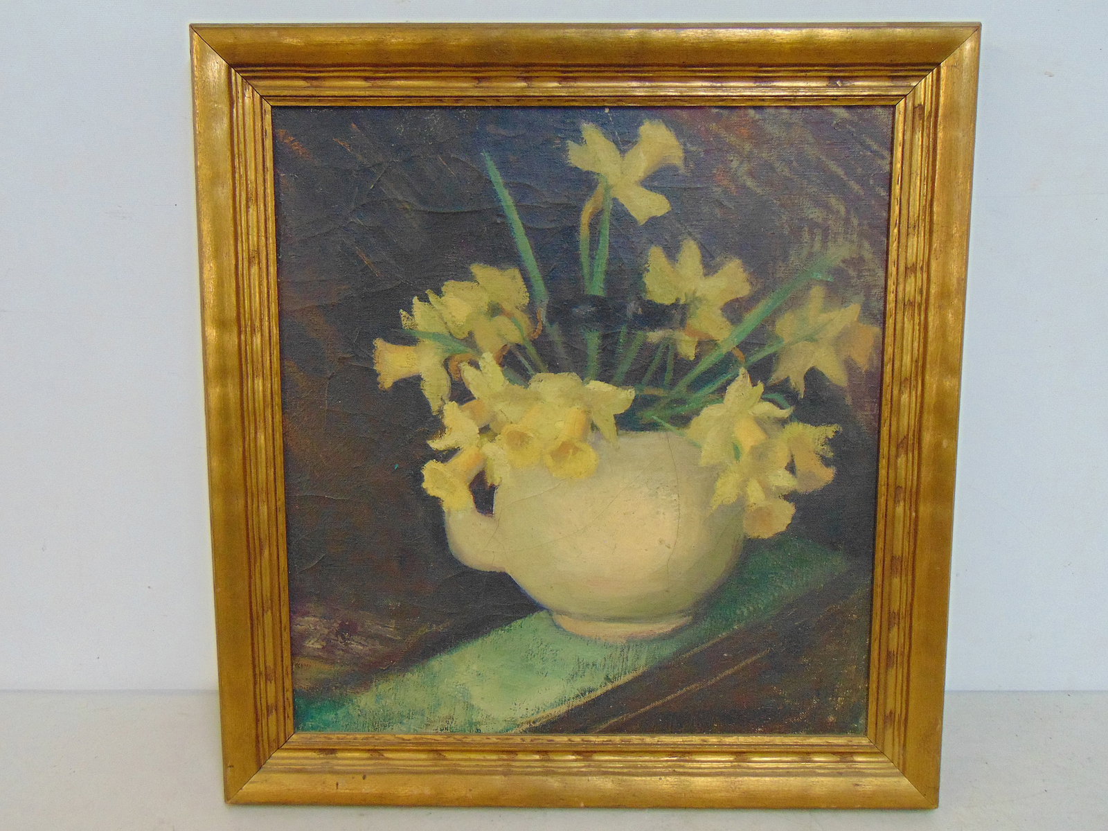 Painting, still-life with daffodils in vase, oil on canvas, 20.5" by 19.5", unsigned: Painting, still-life with daffodils in vase, oil on canvas, 20.5" by 19.5", unsigned