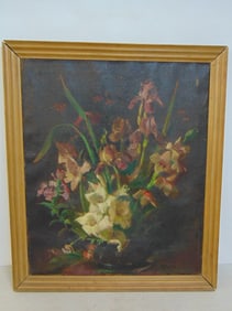 Painting, floral still-life, oil on canvas (burlap), unsigned 33.75" by 29"