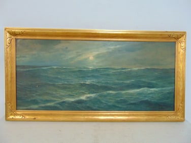 Painting, seascape under moonlit sky, signed illegibly, oil on canvas, has small tear, 23" by 45"