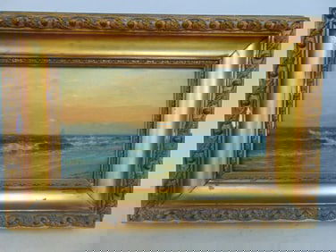 Painting, shore scene with setting sun, sailboat on horizon, unsigned, gilt framed oil on panel,