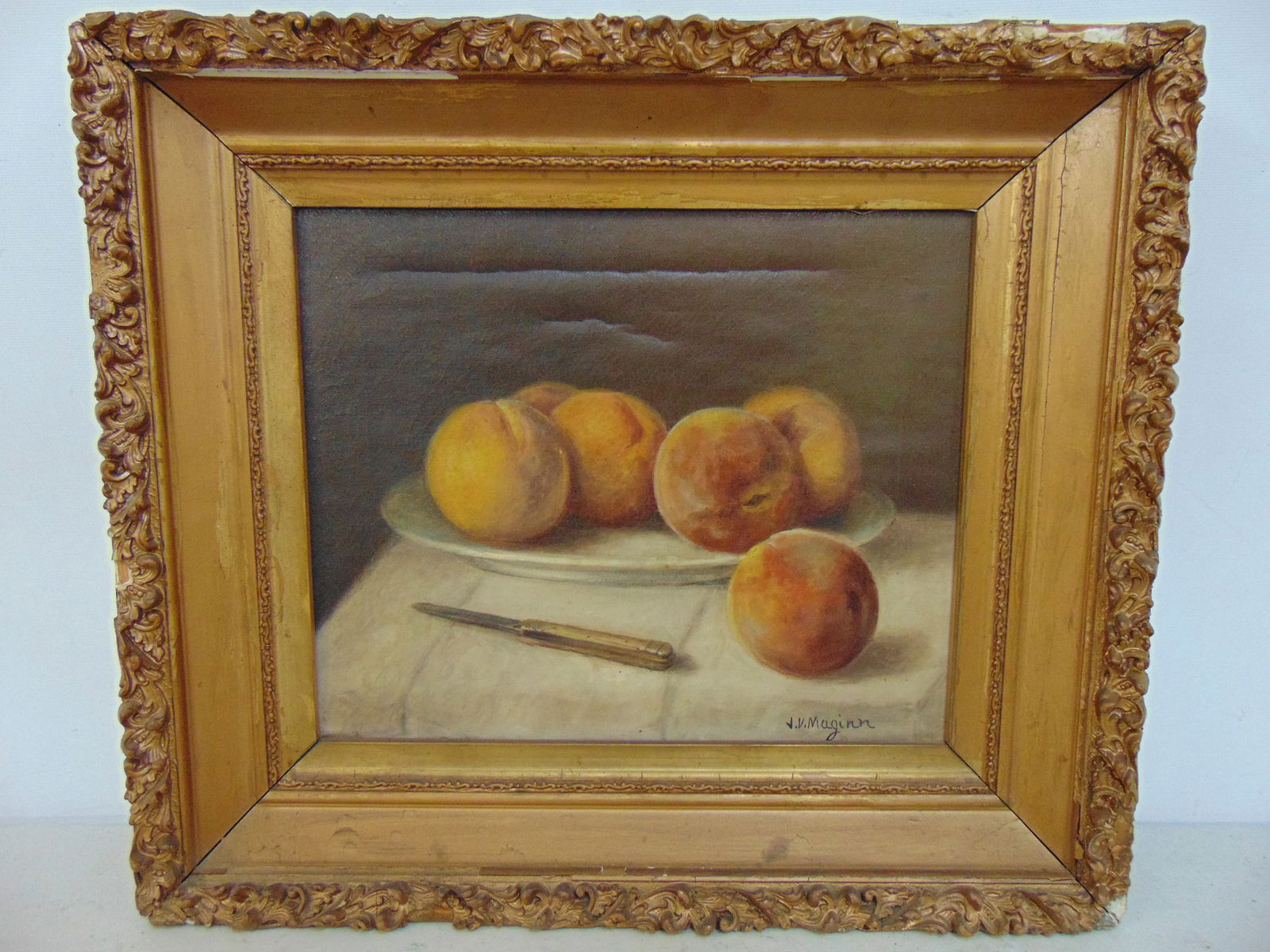 Painting, Still-life with peaches, signed J.V. Maginn (James Vincent), oil on board, 14.5" by (1 of 5)