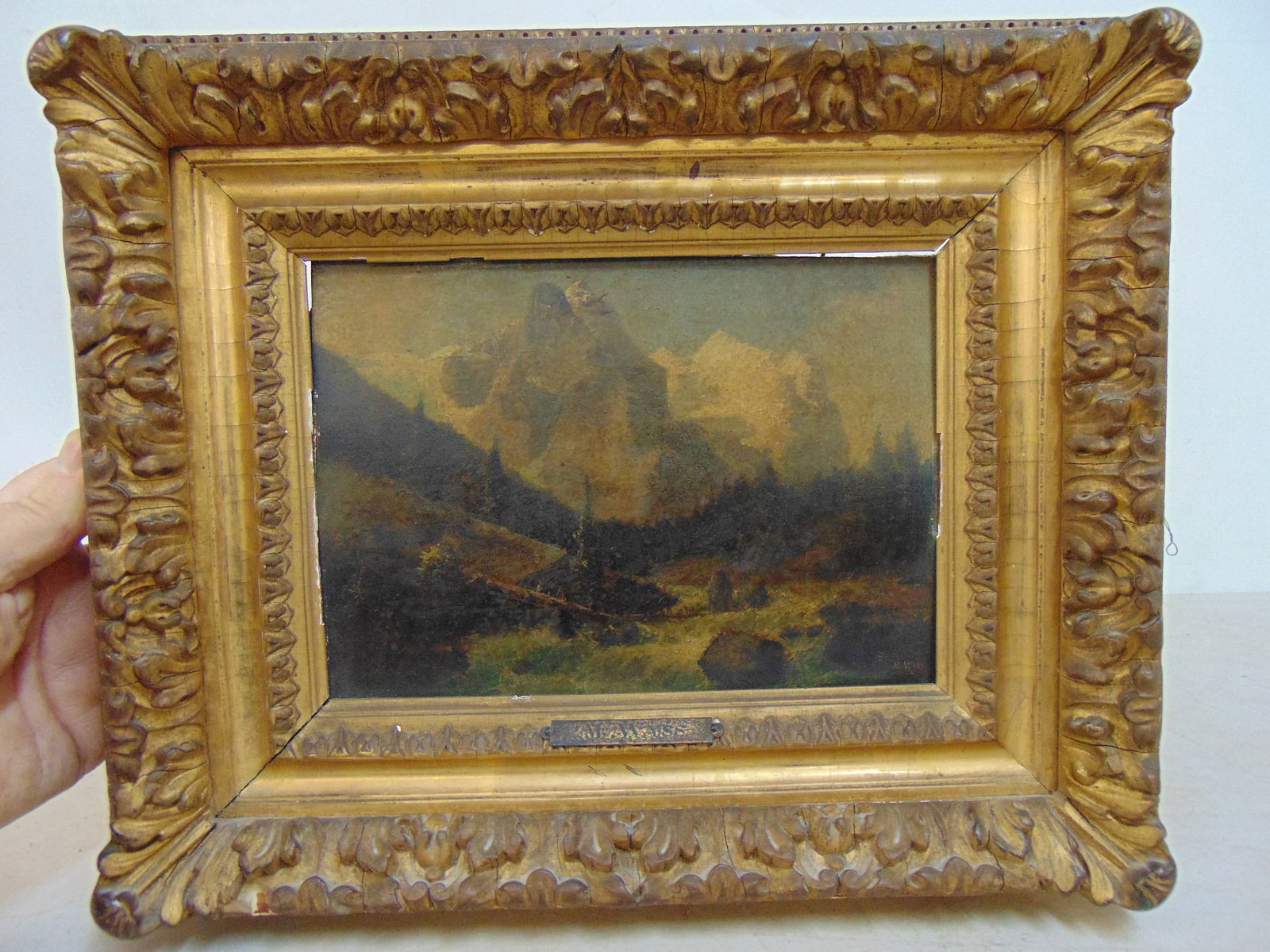 Painting, mountain stream with tall peaks, signed M. Wyss, (Marc Valentin), oil on panel (1 of 7)