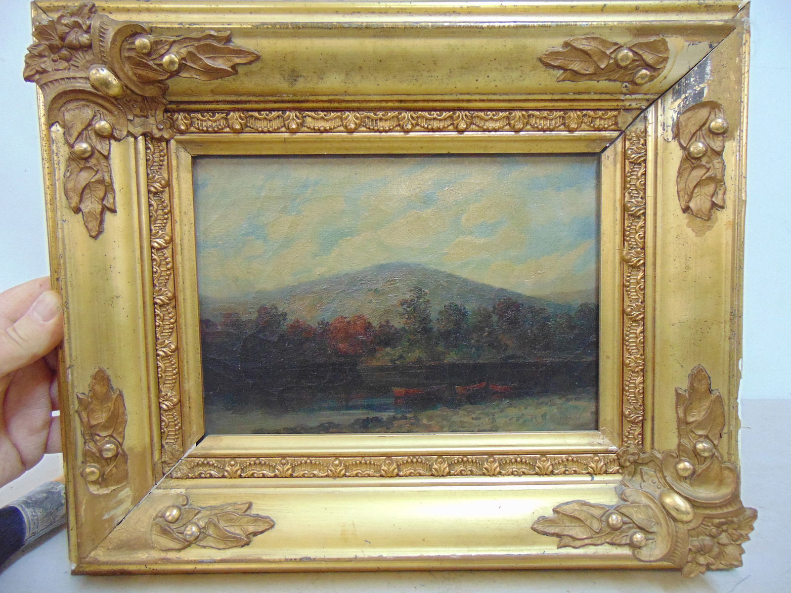 Painting, landscape with mountains, lake, signed R. Lindsay, oil on canvas, landscape in fall colors (1 of 5)