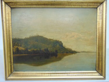 Painting, lake scene with forest covered hills, unsigned, oil on board, 11" by 14"
