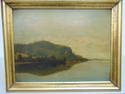 Painting, lake scene with forest covered hills, unsigned, oil on board, 11" by 14"