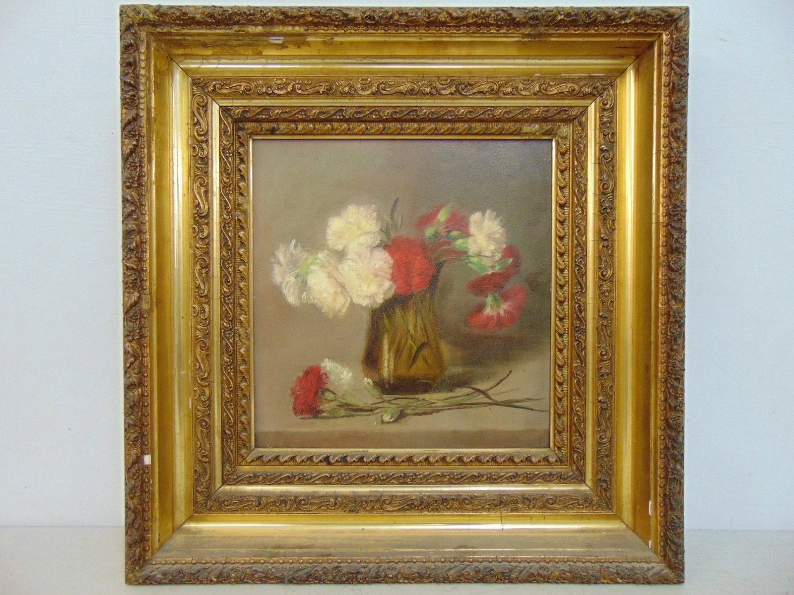 Painting, floral still-life, unsigned, in gilt frame, 19.75" by 19.25": Painting, floral still-life, unsigned, in gilt frame, 19.75" by 19.25"