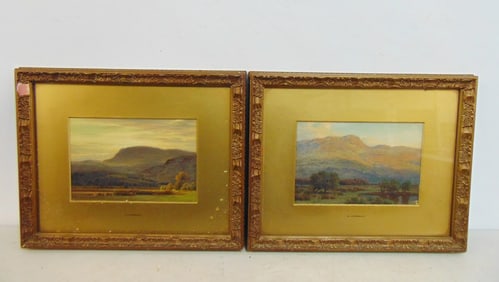 Pair paintings, mountain landscapes, H. Cheadle (Henry), oil on canvas (board ?), with labels on