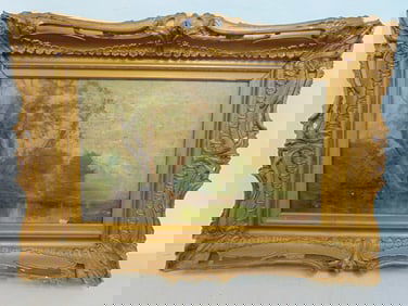 Painting, landscape, trees by lake, signed illegibly (R.F. .?), oil on canvas, 29.5" by 21.5", frame