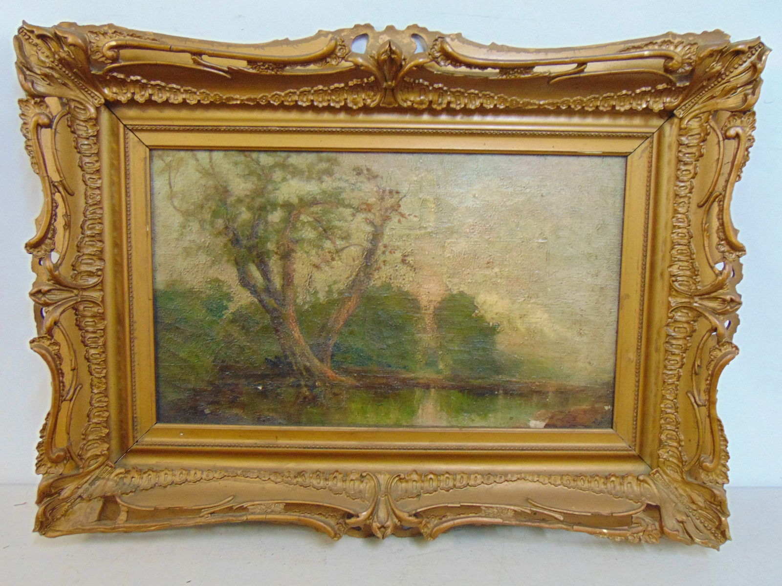 Painting, landscape, trees by lake, signed illegibly (R.F. .?), oil on canvas, 29.5" by 21.5", frame (1 of 5)