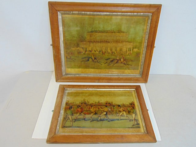 2 prints, boxing match & horse race, "The Great Match Between Randall and Martin"15 3/8" by 20.25" &: 2 prints, boxing match & horse race, "The Great Match Between Randall and Martin"15 3/8" by 20.25" & "Race for the Gold Cup at Goodwood", 19.25" by 23.75", behind glass, in birds eye frames, some vene