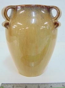 Small Fulper art pottery vase with three handles, height is 6.25"