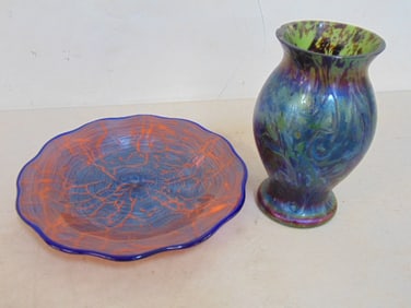 Art Glass vase & Czech dish, vase in blue / green, has chip, Loetz like, height is 6.5", Czech dish