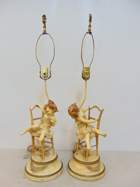 Pair Spelter figural lamps, young girl on chair with cat underneath chair, painted, lamps are 33.75": Pair Spelter figural lamps, young girl on chair with cat underneath chair, painted, lamps are 33.75" tall including harp, finials