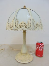 Small boudoir lamp with panel glass shade, painted white, lamp is 16.25" tall, diameter is 9.5"