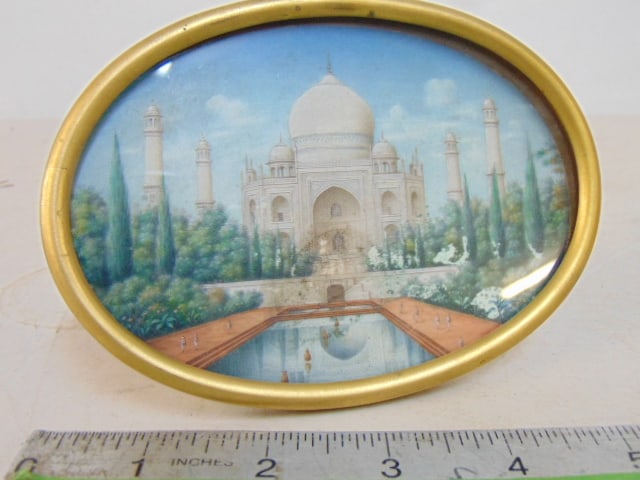 Oval miniature painting Taj Mahal, in brass frame, 3 7/8" by 5 3/8", unsigned (1 of 4)