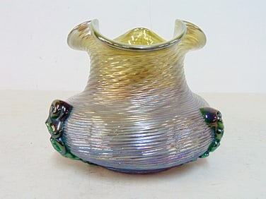 Art Glass bowl or vase, unsigned, in green / gold with green decoration, vase is 5.5" tall, 7" in