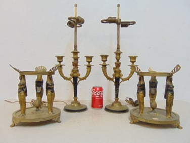 Pair bronze candelabra & pair of bronze Egyptian revival bases, candelabra are electrified, height