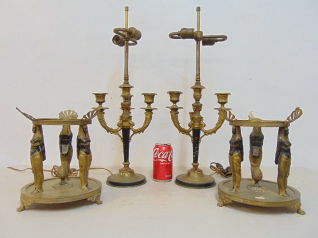 Pair bronze candelabra & pair of bronze Egyptian revival bases, candelabra are electrified, height (1 of 9)