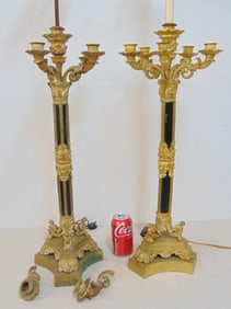 Pair large bronze candelabra, center column painted metal, 2 arms are loose, height is 37" (total