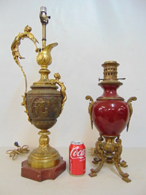 Two bronze mounted table lamps, ewer shaped table lamp in bronze on red marble base, decorated with (1 of 8)