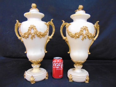 Pair heavy white marble, bronze mounted garnitures, urns with lids, gilt bronze ribbon decoration,
