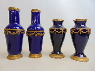 2 pair cobalt porcelain vases with bronze trim, Sevres style, height is 8.25" & 6 5/8"