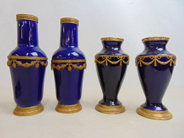 2 pair cobalt porcelain vases with bronze trim, Sevres style, height is 8.25" & 6 5/8" (1 of 6)