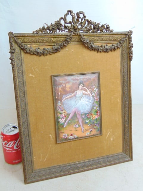 Enameled painted plaque in bronze velvet lined frame, ballerina, signed "Jean" (?), plaque is 7.5": Enameled painted plaque in bronze velvet lined frame, ballerina, signed "Jean" (?), plaque is 7.5" by 5.5", frame size is 18.5" by 14"
