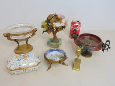 6 piece bronze, porcelain lot, small red marble & bronze tazza with portrait in center, floral