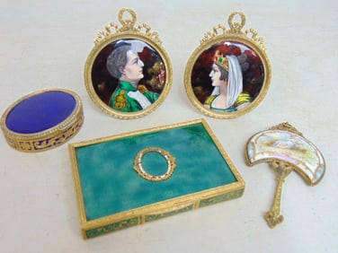 5 pieces of enamel, pair portraits, Napoleon & Josephine, 3 3/8" wide, green enameled box with
