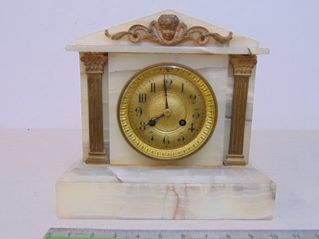 Onyx mantle clock with bronze mounted decoration, gilt face, clock is 10 5/8" by 6", height is 10", (1 of 6)
