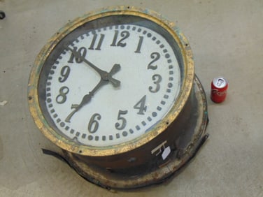 Large marble face wall clock, industrial style, ring around face has traces of gilt, copper side