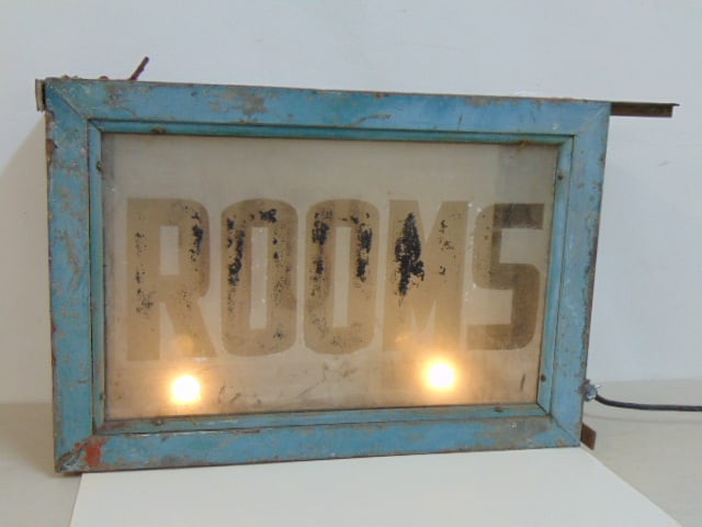 Sign "Rooms", in painted metal shadow box with glass front, double sided, 26" by 17.5", 9" deep (1 of 4)