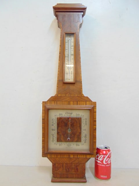 English inlaid barometer, by Winegartens Ltd, Bishopsgate, London, 27.5" long.: English inlaid barometer, by Winegartens Ltd, Bishopsgate, London, 27.5" long.