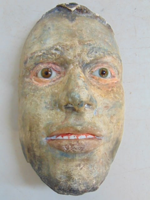 Plaster face with glass eyes, painted detail, no marks, 8.75" by 5.5": Plaster face with glass eyes, painted detail, no marks, 8.75" by 5.5"