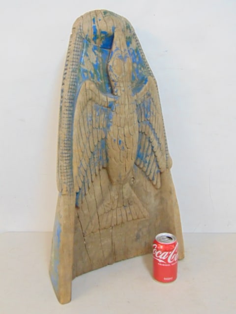 Carved canoe prow with alligator & bird carving, remnants of old blue paint, 27" tall, 15" wide, (1 of 5)
