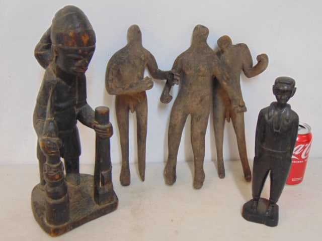 Lot of 5 figures, carved wood & clay, pottery, one African, height tallest one is 14", clay (?): Lot of 5 figures, carved wood & clay, pottery, one African, height tallest one is 14", clay (?) figures are unmarked, one is missing part of foot