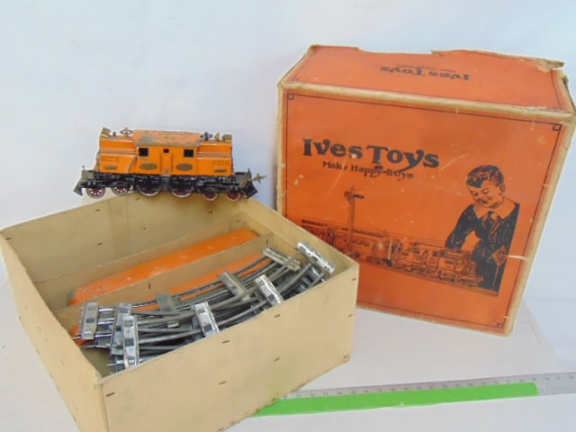 Large Ives toy train set, locomotive, two cars & track, used condition, various small scratches, (1 of 7)