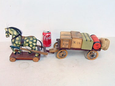 German toy, horse drawn wagon loaded with various crates, horse on wheels, total length as shown