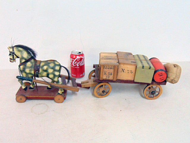 German toy, horse drawn wagon loaded with various crates, horse on wheels, total length as shown (1 of 5)
