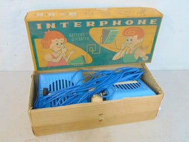 Interphone battery operated toy phone system in original box, made in Japan, box is 15" by 6.5" by 4